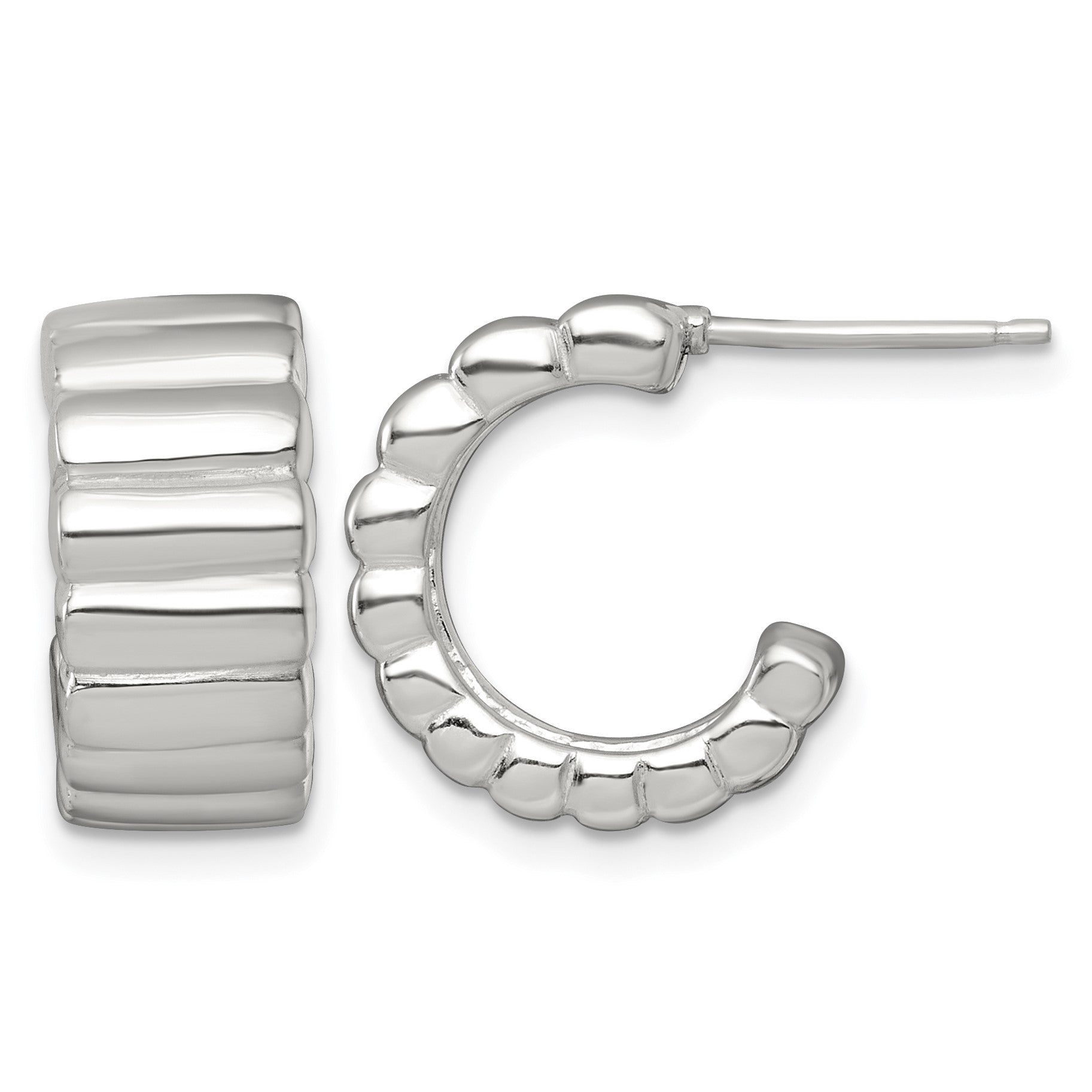 Sterling Silver Polished and Ridged 8.0mm Post C-Hoop Earrings