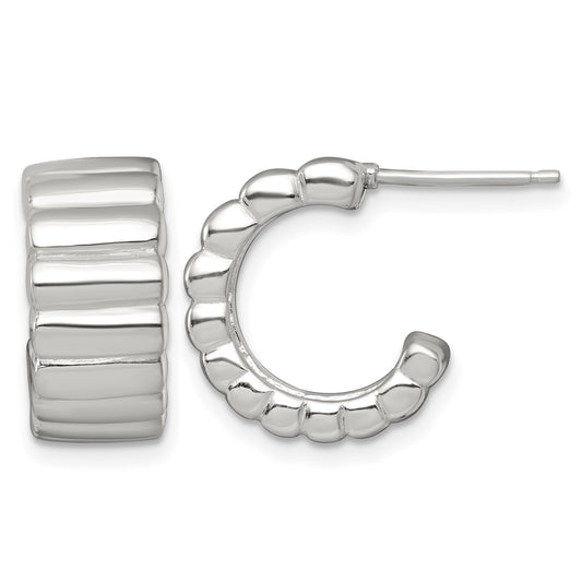 Sterling Silver Polished and Ridged 8.0mm Post C-Hoop Earrings