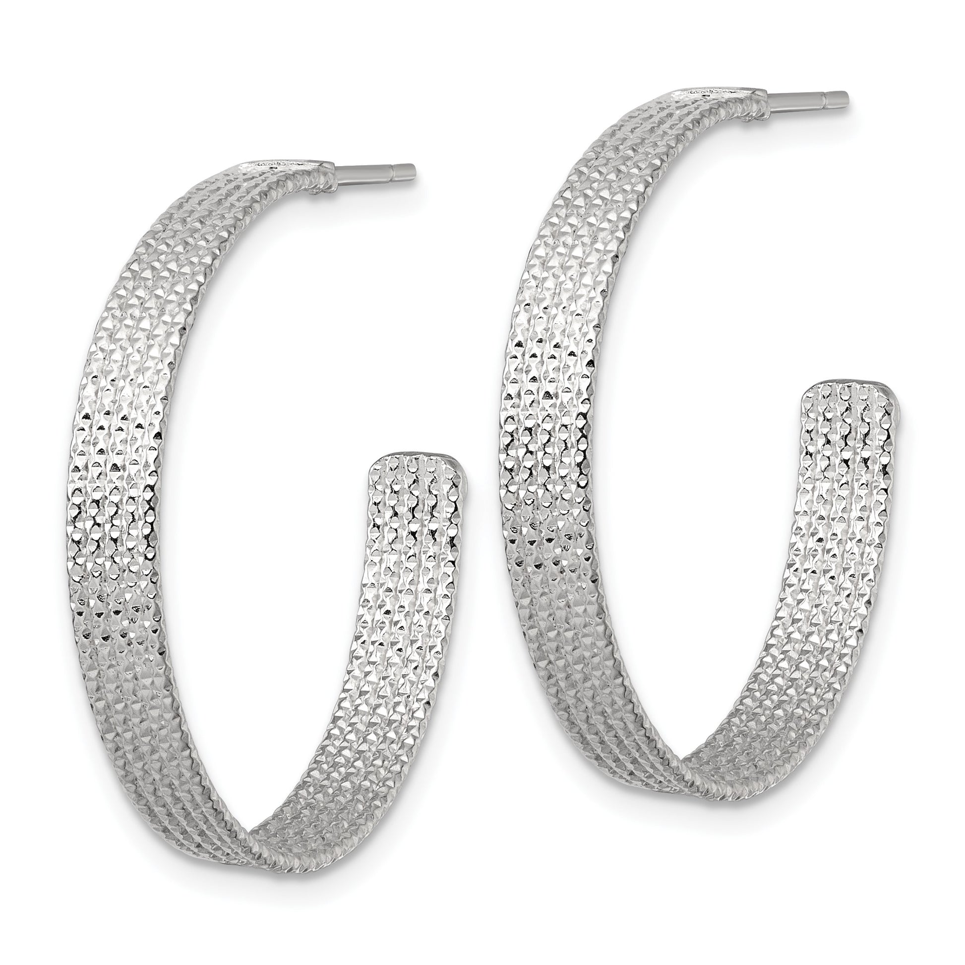 Sterling Silver Polished and Textured 30x4.5mm Post C-Hoop Earrings