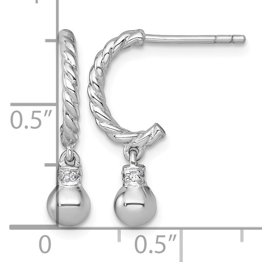 Sterling Silver Rhodium-plated Polished and Twisted CZ Post J-Hoop Dangle Earrings