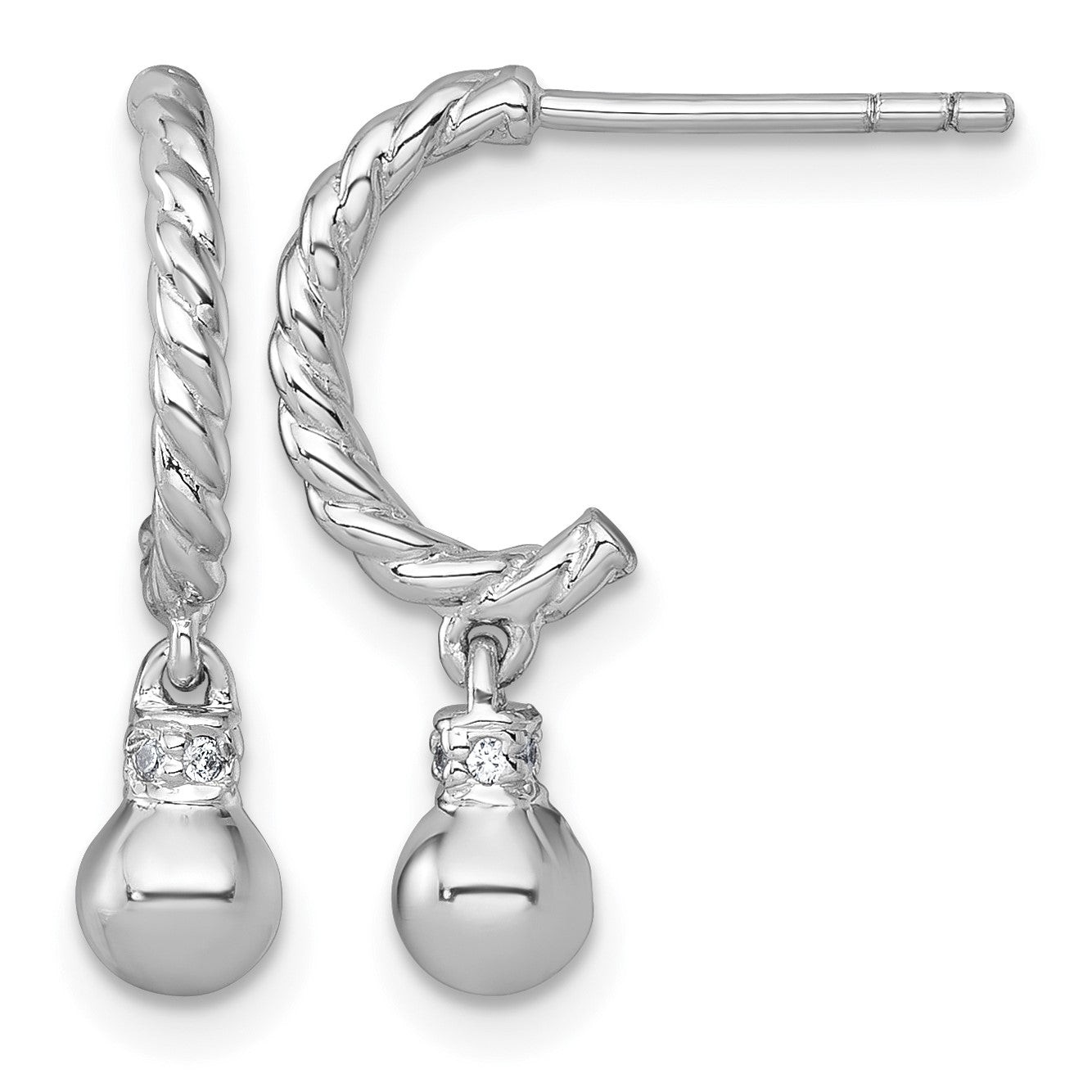 Sterling Silver Rhodium-plated Polished and Twisted CZ Post J-Hoop Dangle Earrings