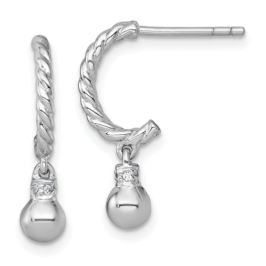 Sterling Silver Rhodium-plated Polished and Twisted CZ Post J-Hoop Dangle Earrings