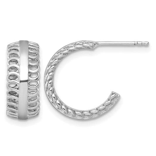 Sterling Silver Rhodium-plated Polished Circle Pattern Edge C-Hoop Post Earrings