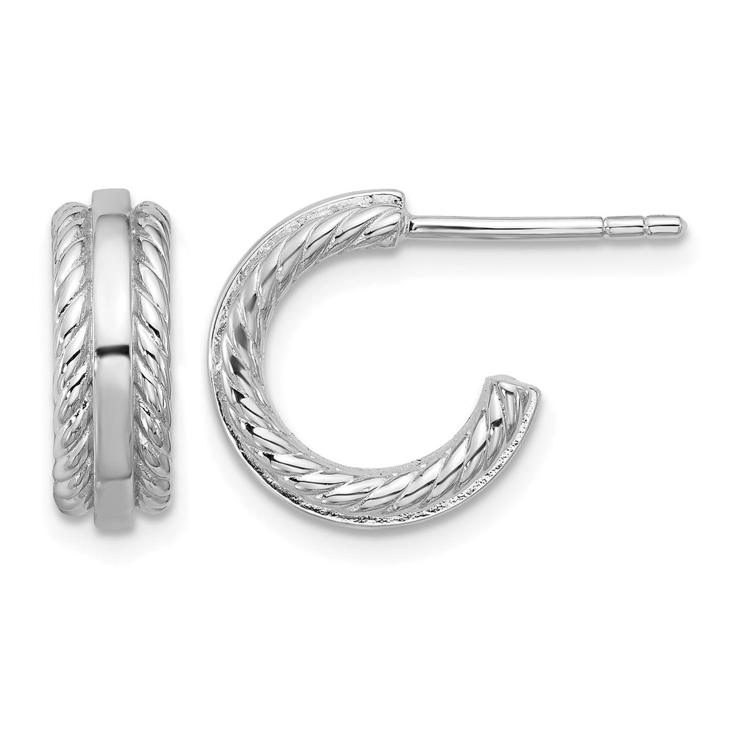 Sterling Silver Rhodium-plated Polished and Grooved 4.5mm x 13mm C-Hoop Post Earrings