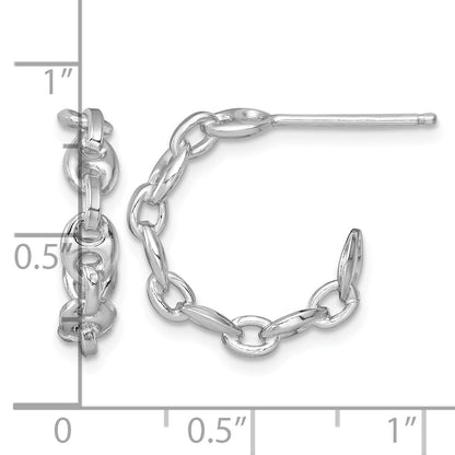 Sterling Silver Rhodium-plated 4mm x 16mm Puffed Anchor/Mariner Link C-Hoop Post Earrings