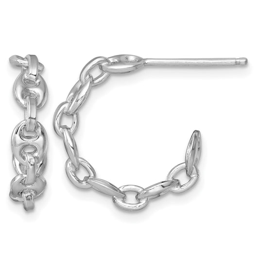 Sterling Silver Rhodium-plated 4mm x 16mm Puffed Anchor/Mariner Link C-Hoop Post Earrings