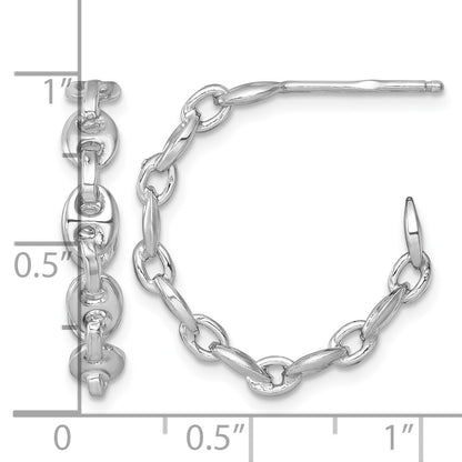 Sterling Silver Rhodium-plated 4mm x 23mm Puffed Anchor/Mariner Link C-Hoop Post Earrings