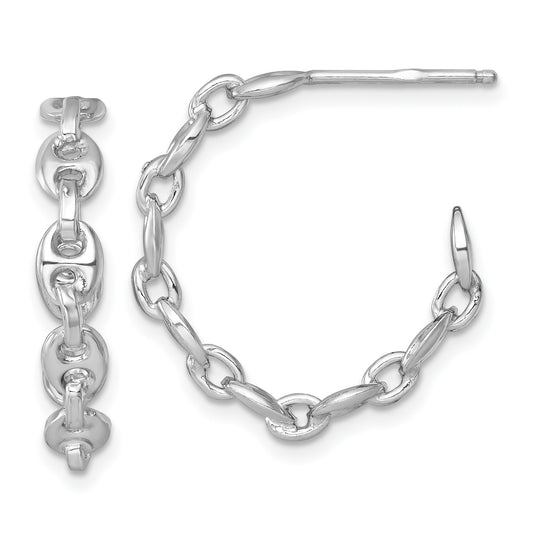 Sterling Silver Rhodium-plated 4mm x 23mm Puffed Anchor/Mariner Link C-Hoop Post Earrings