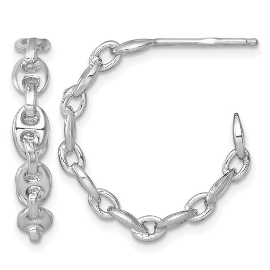 Sterling Silver Rhodium-plated 4mm x 23mm Puffed Anchor/Mariner Link C-Hoop Post Earrings