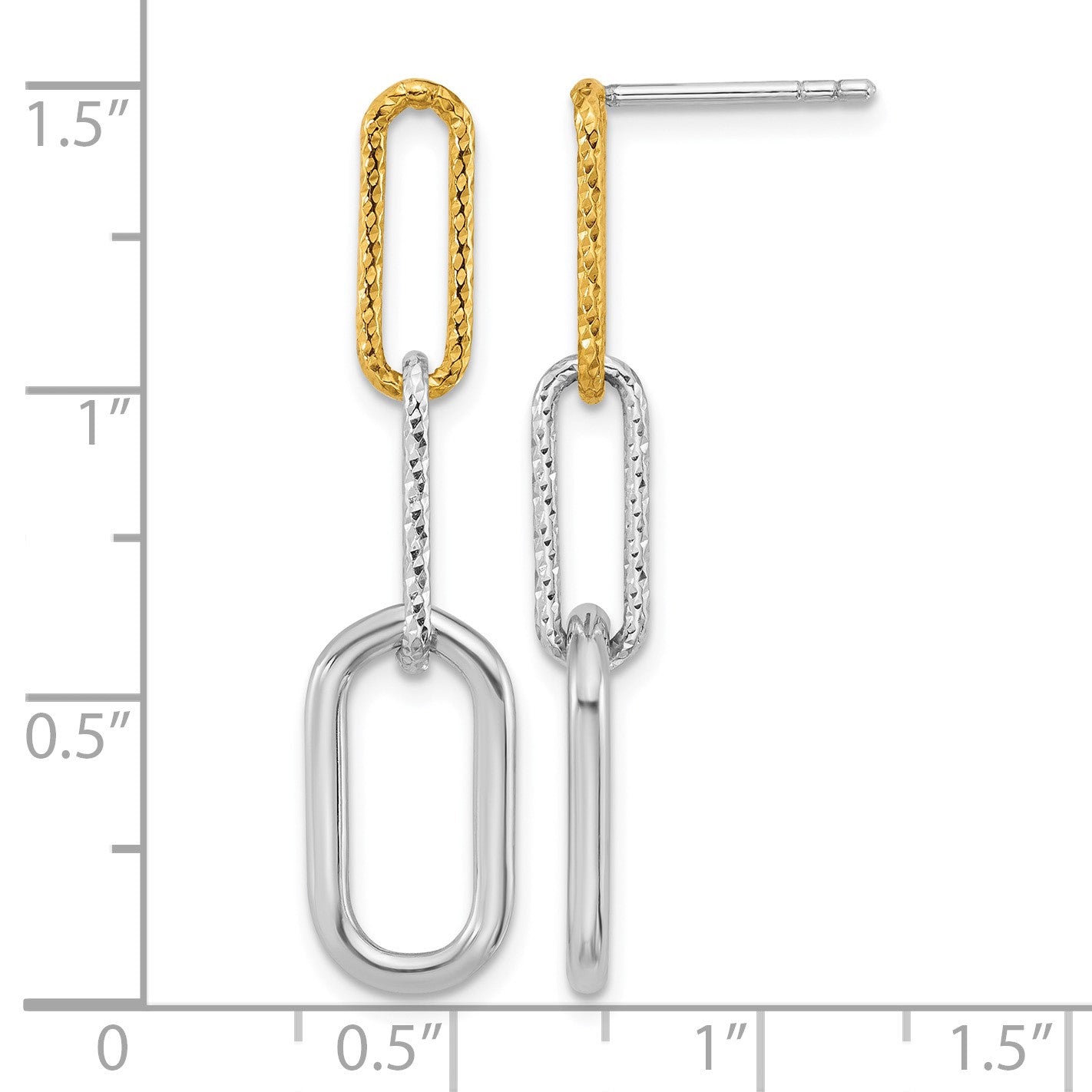 Sterling Silver Rhodium and Gold-plated Three Link Textured Dangle Post Earrings