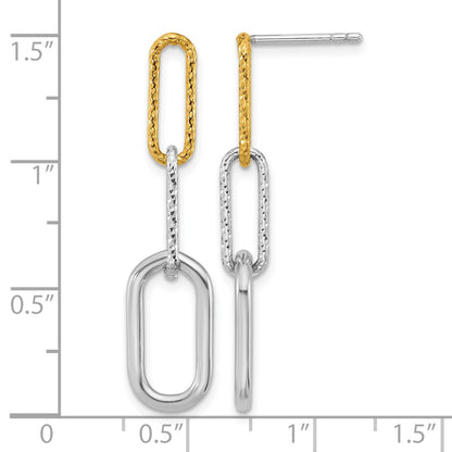 Sterling Silver Rhodium and Gold-plated Three Link Textured Dangle Post Earrings