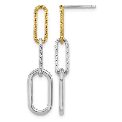 Sterling Silver Rhodium and Gold-plated Three Link Textured Dangle Post Earrings