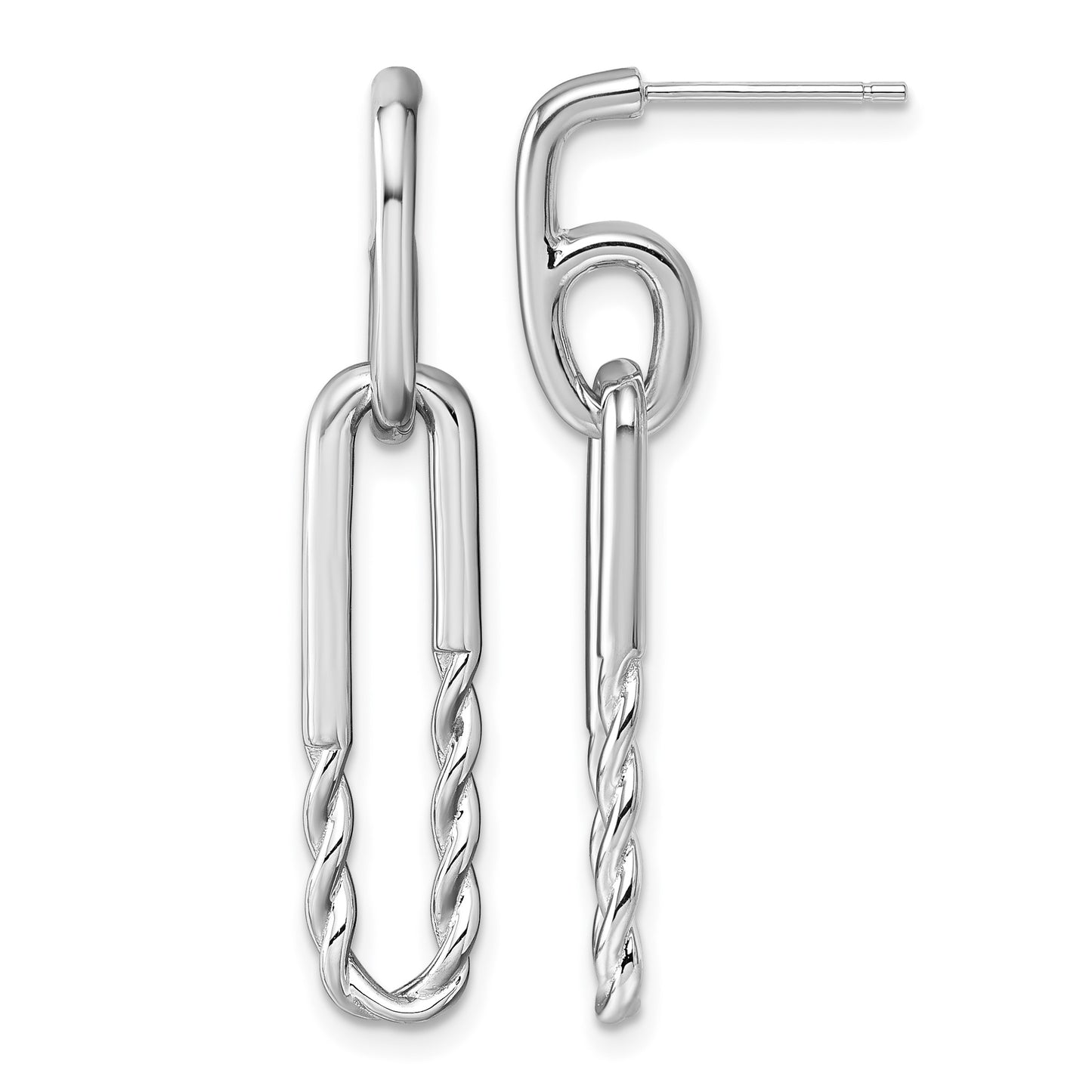 Sterling Silver Rhodium-plated Polished Twisted Paper Clip Dangle Post Earrings