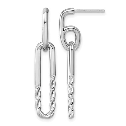 Sterling Silver Rhodium-plated Polished Twisted Paper Clip Dangle Post Earrings