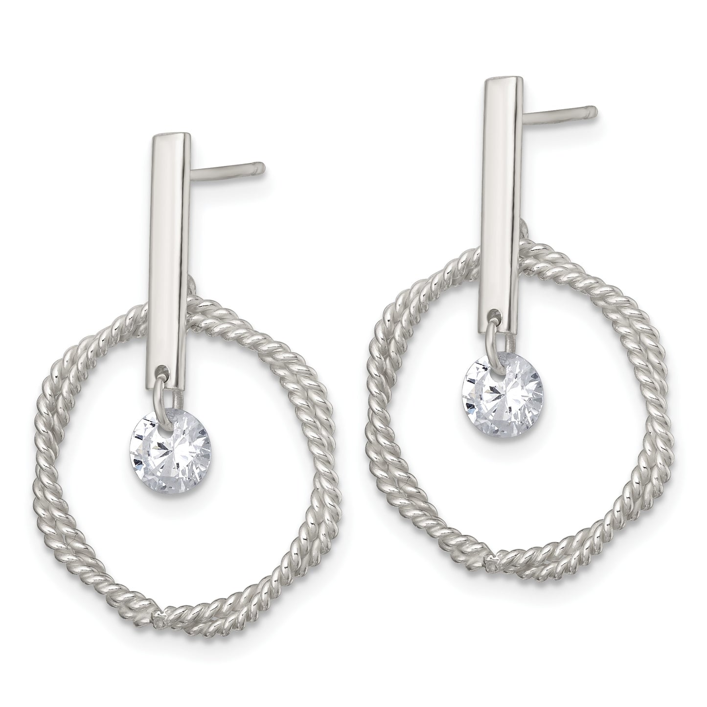 Sterling Silver Polished Twisted Circle with Moveable White CZ Dangle Post Earrings