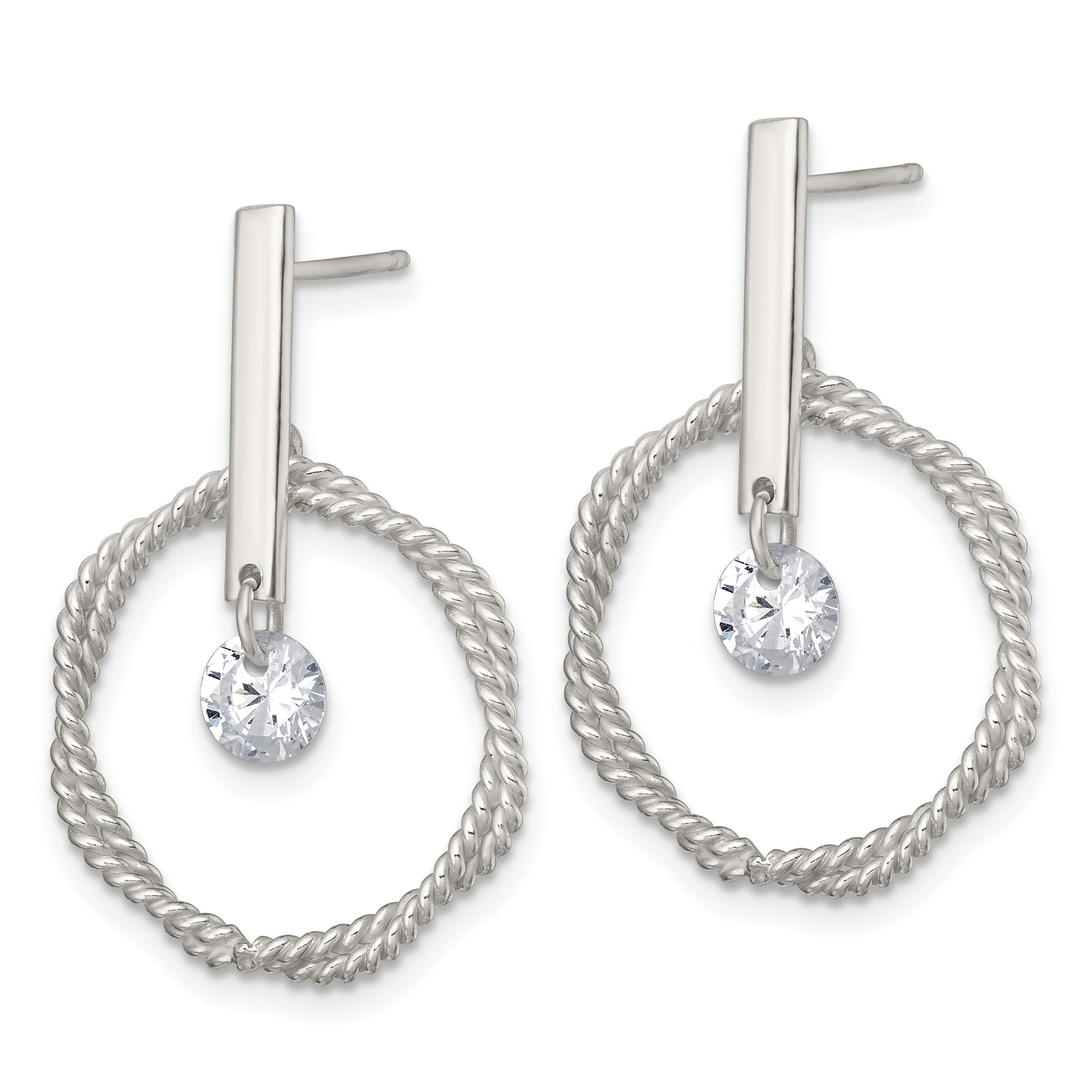 Sterling Silver Polished Twisted Circle with Moveable White CZ Dangle Post Earrings