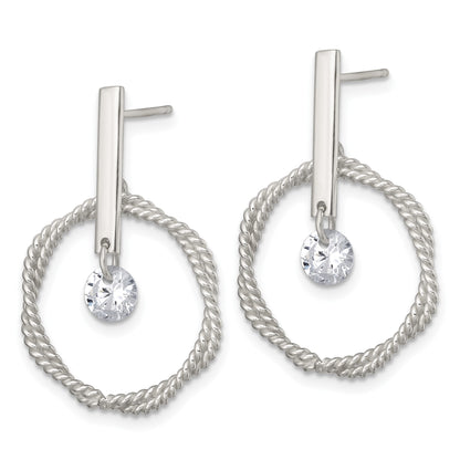Sterling Silver Polished Twisted Circle with Moveable White CZ Dangle Post Earrings