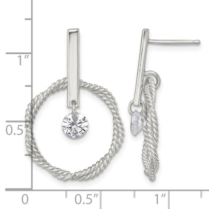 Sterling Silver Polished Twisted Circle with Moveable White CZ Dangle Post Earrings