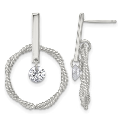 Sterling Silver Polished Twisted Circle with Moveable White CZ Dangle Post Earrings
