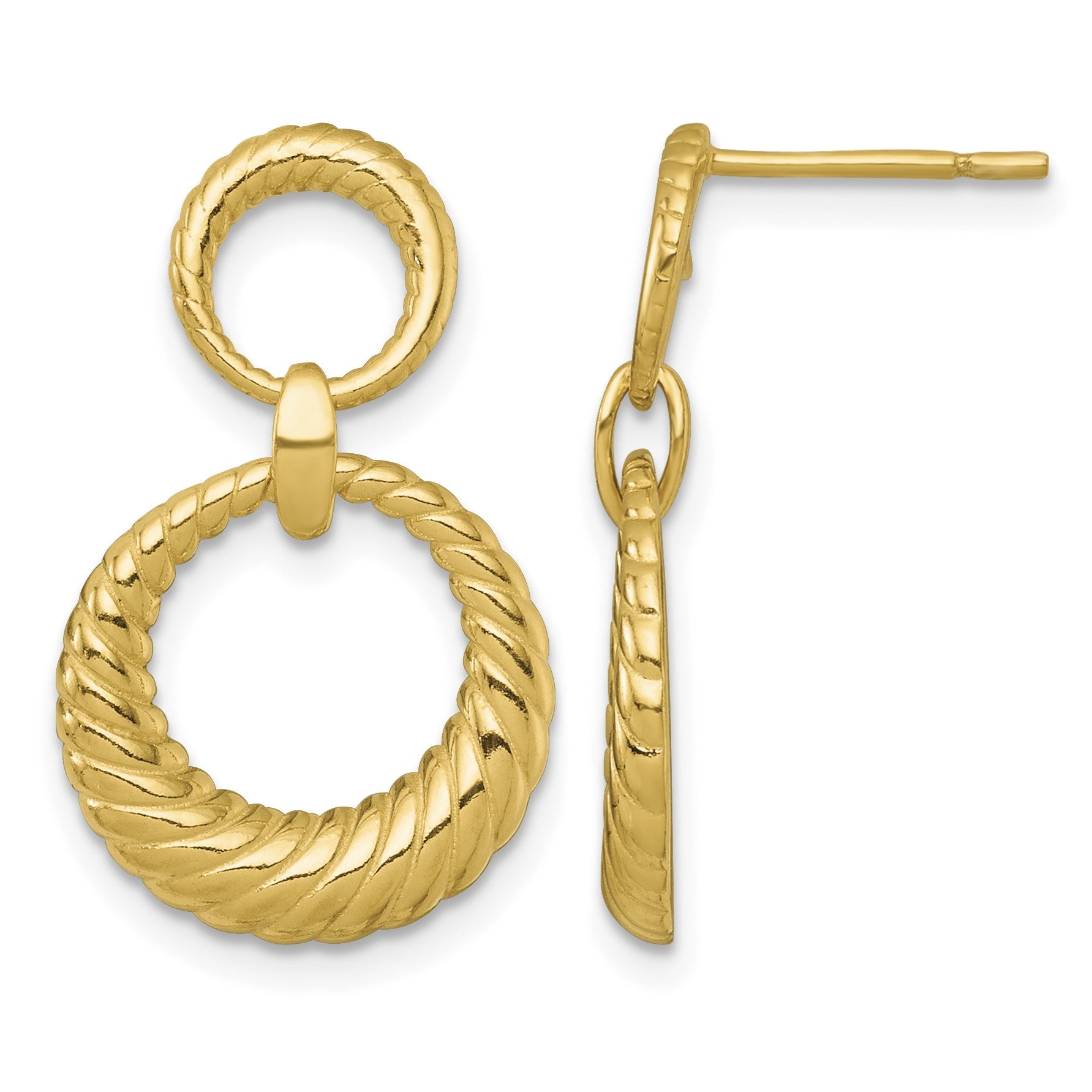 Sterling Silver Gold-tone Polished and Grooved Double Circle Doorknocker Post Dangle Earrings