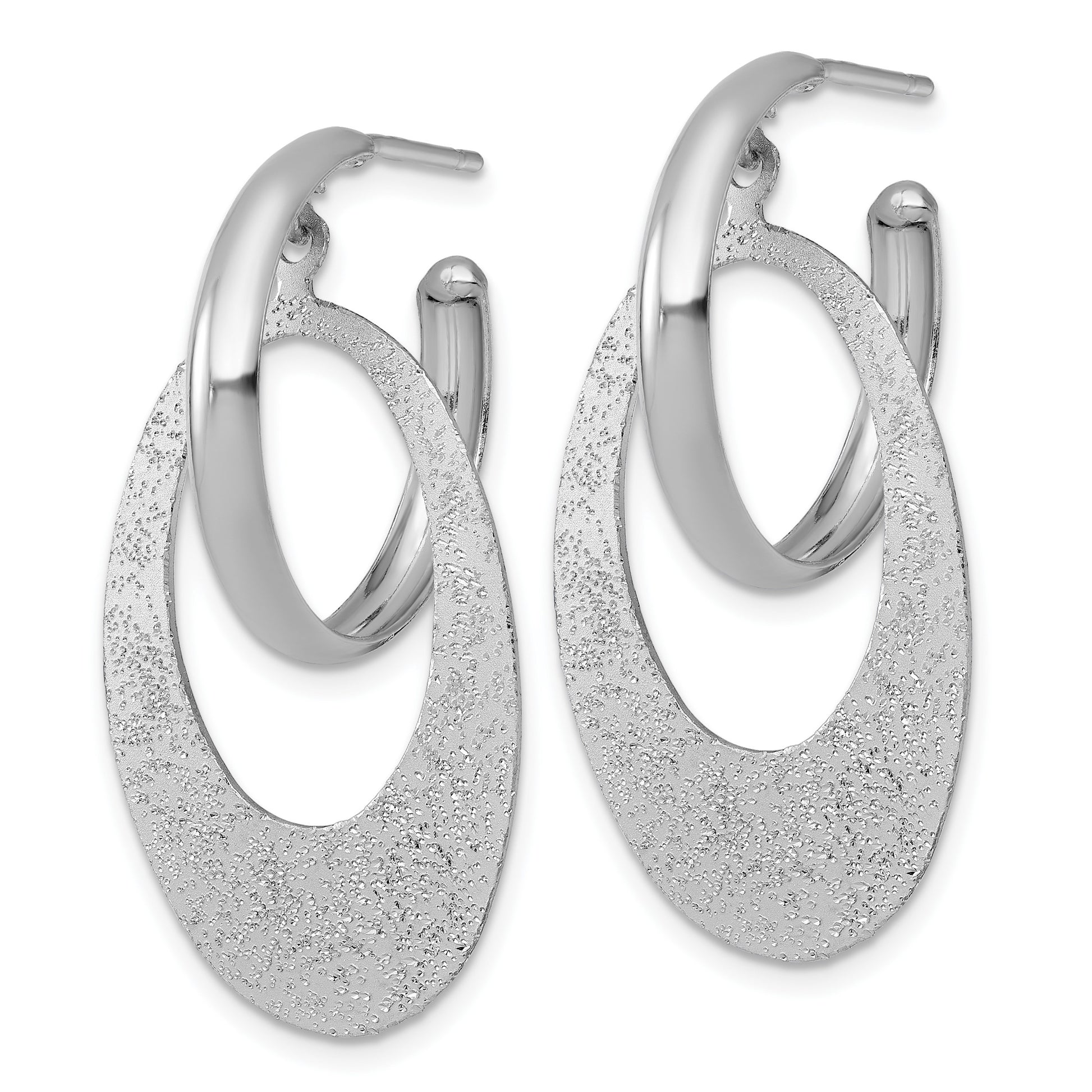 Sterling Silver Rhodium-plated Polished and Brushed Oval Dangle C-Hoop Post Earrings