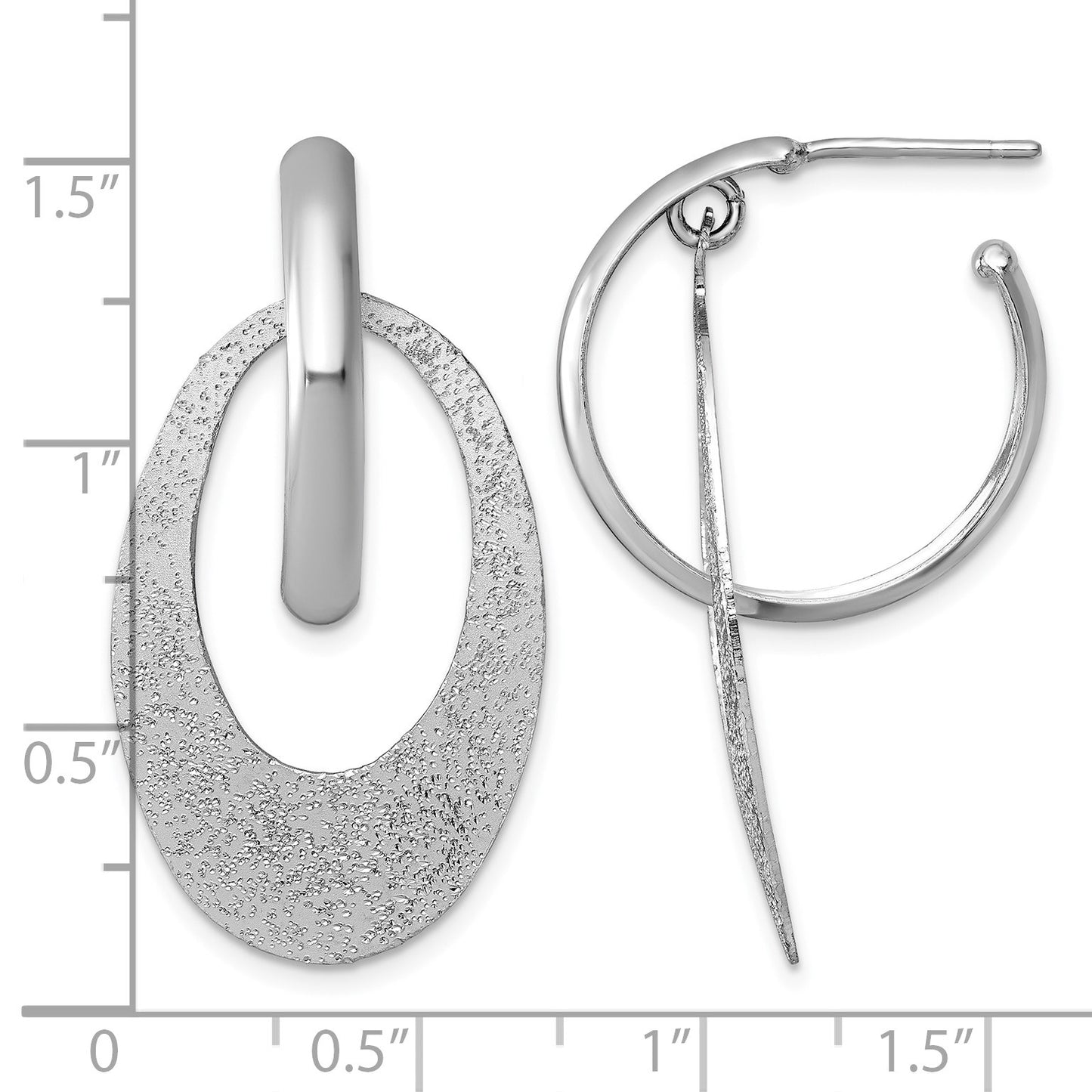 Sterling Silver Rhodium-plated Polished and Brushed Oval Dangle C-Hoop Post Earrings