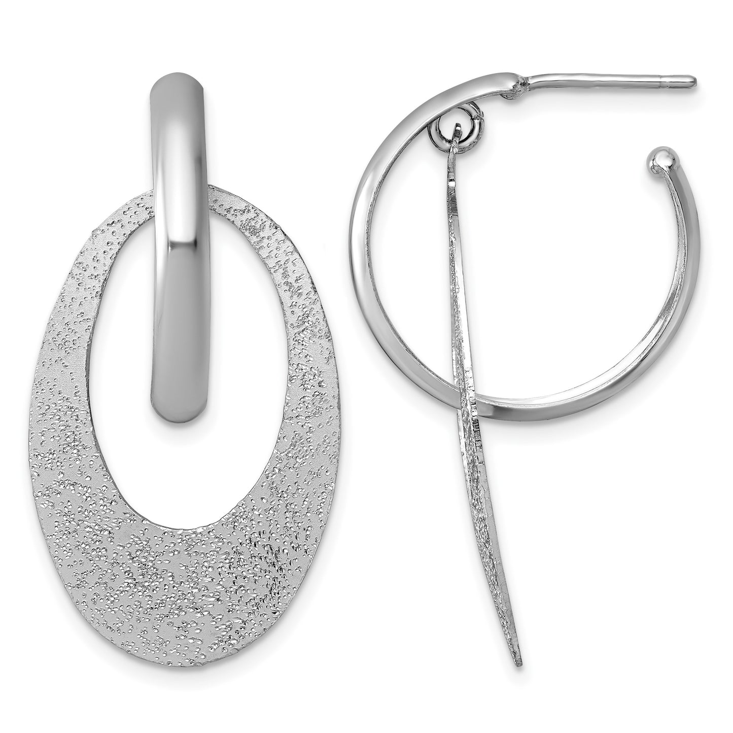 Sterling Silver Rhodium-plated Polished and Brushed Oval Dangle C-Hoop Post Earrings