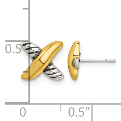 Sterling Silver and Gold-tone Polished and Antiqued X Post Earrings