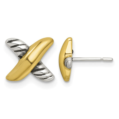 Sterling Silver and Gold-tone Polished and Antiqued X Post Earrings