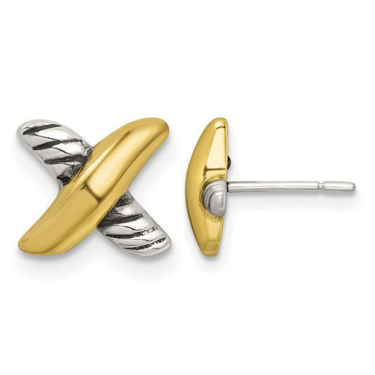 Sterling Silver and Gold-tone Polished and Antiqued X Post Earrings