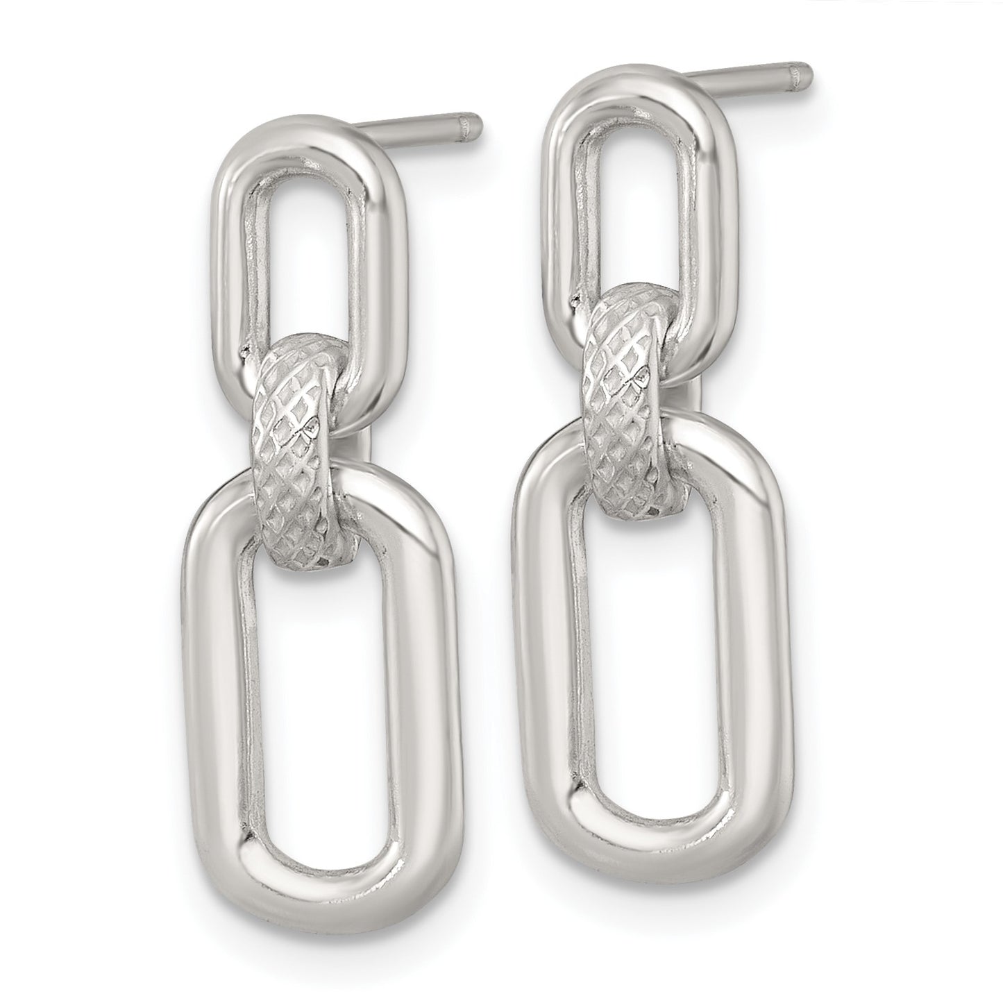 Sterling Silver Polished and Textured Fancy Rectangular Link Dangle Post Earrings