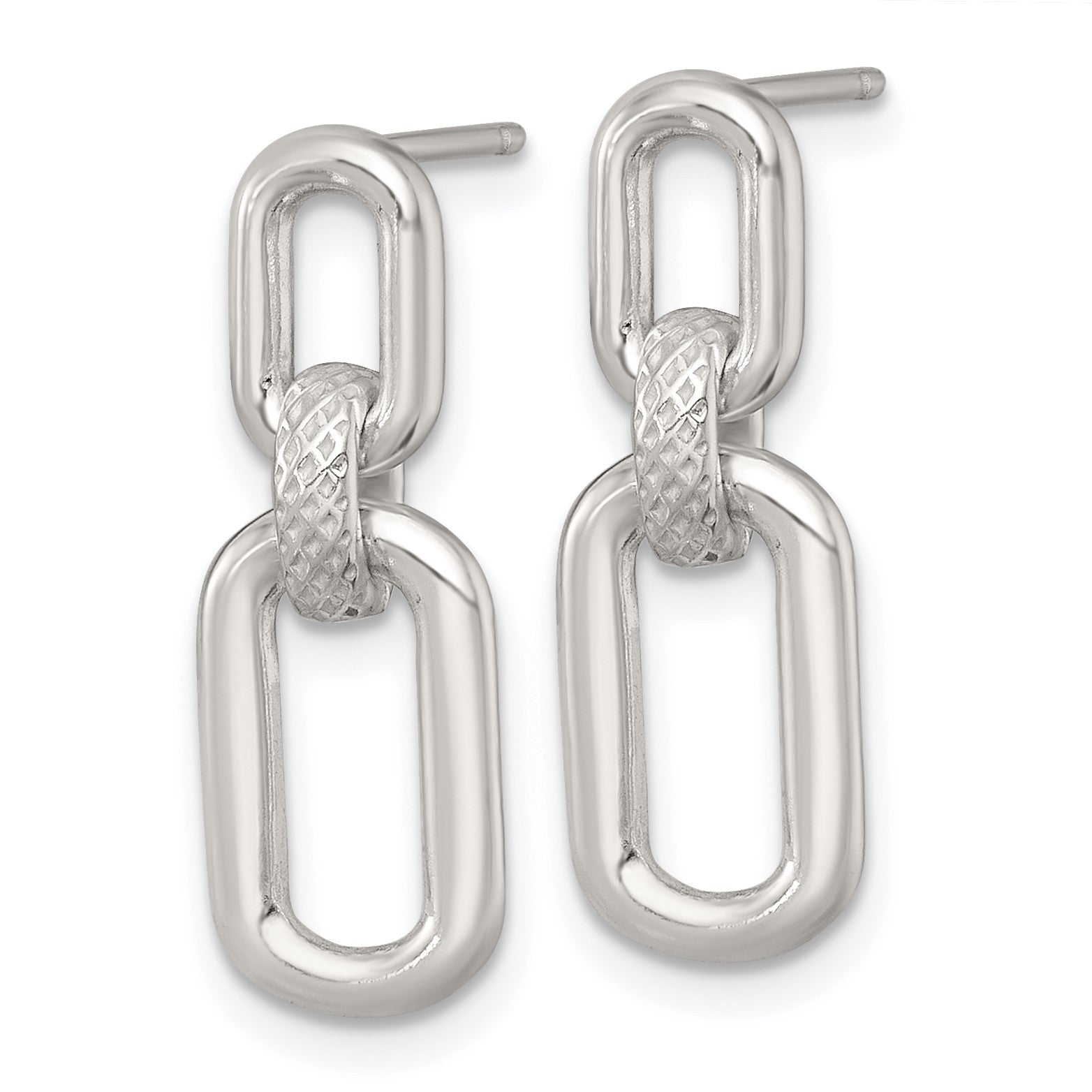 Sterling Silver Polished and Textured Fancy Rectangular Link Dangle Post Earrings