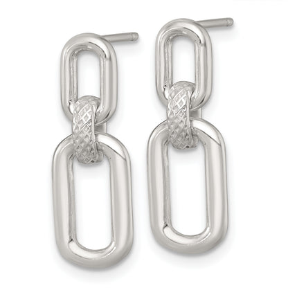 Sterling Silver Polished and Textured Fancy Rectangular Link Dangle Post Earrings