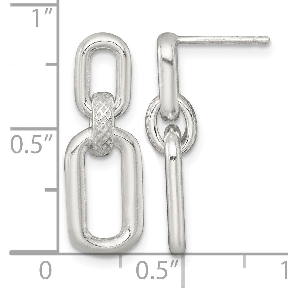 Sterling Silver Polished and Textured Fancy Rectangular Link Dangle Post Earrings