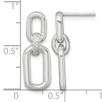 Sterling Silver Polished and Textured Fancy Rectangular Link Dangle Post Earrings