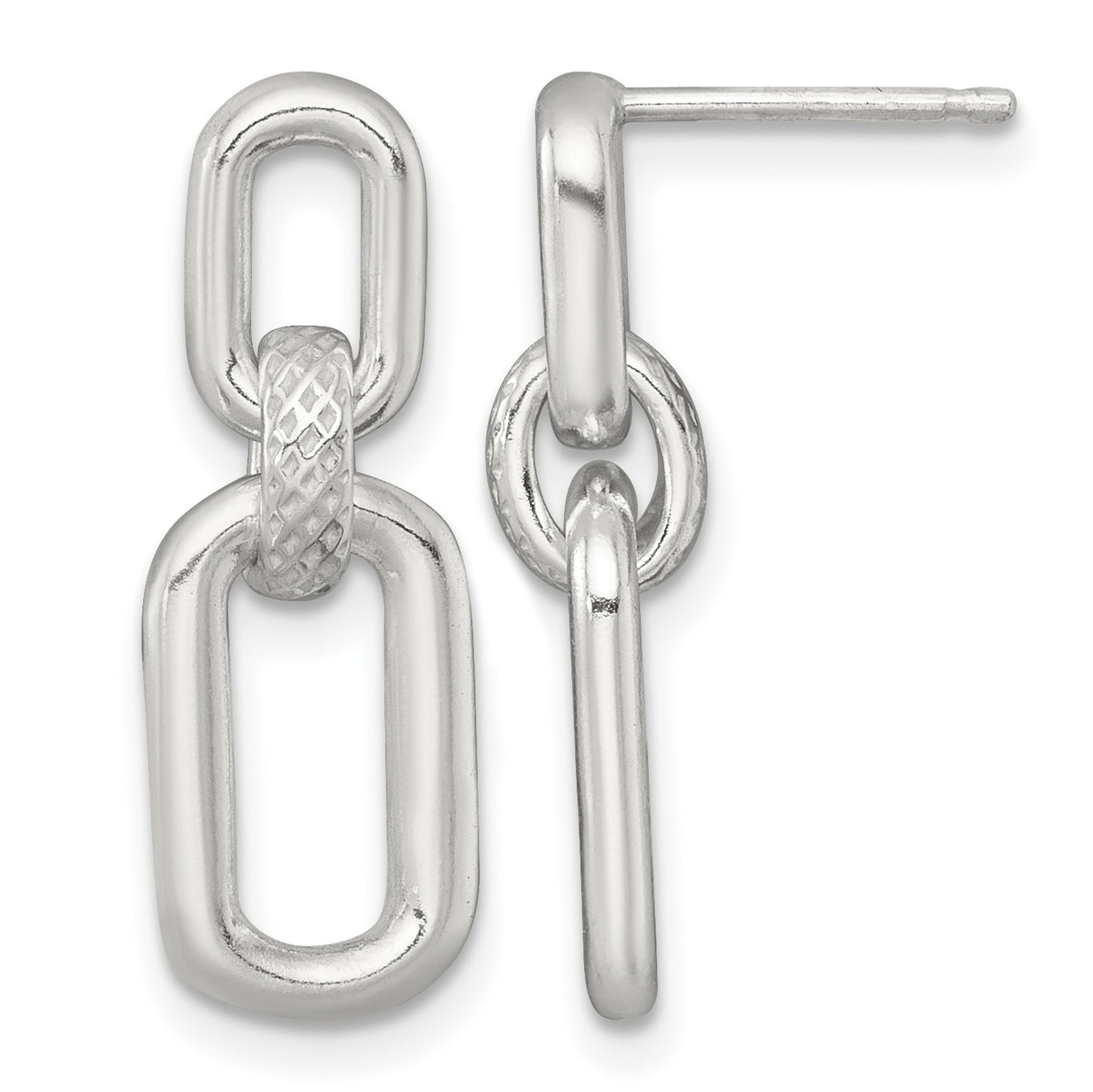 Sterling Silver Polished and Textured Fancy Rectangular Link Dangle Post Earrings