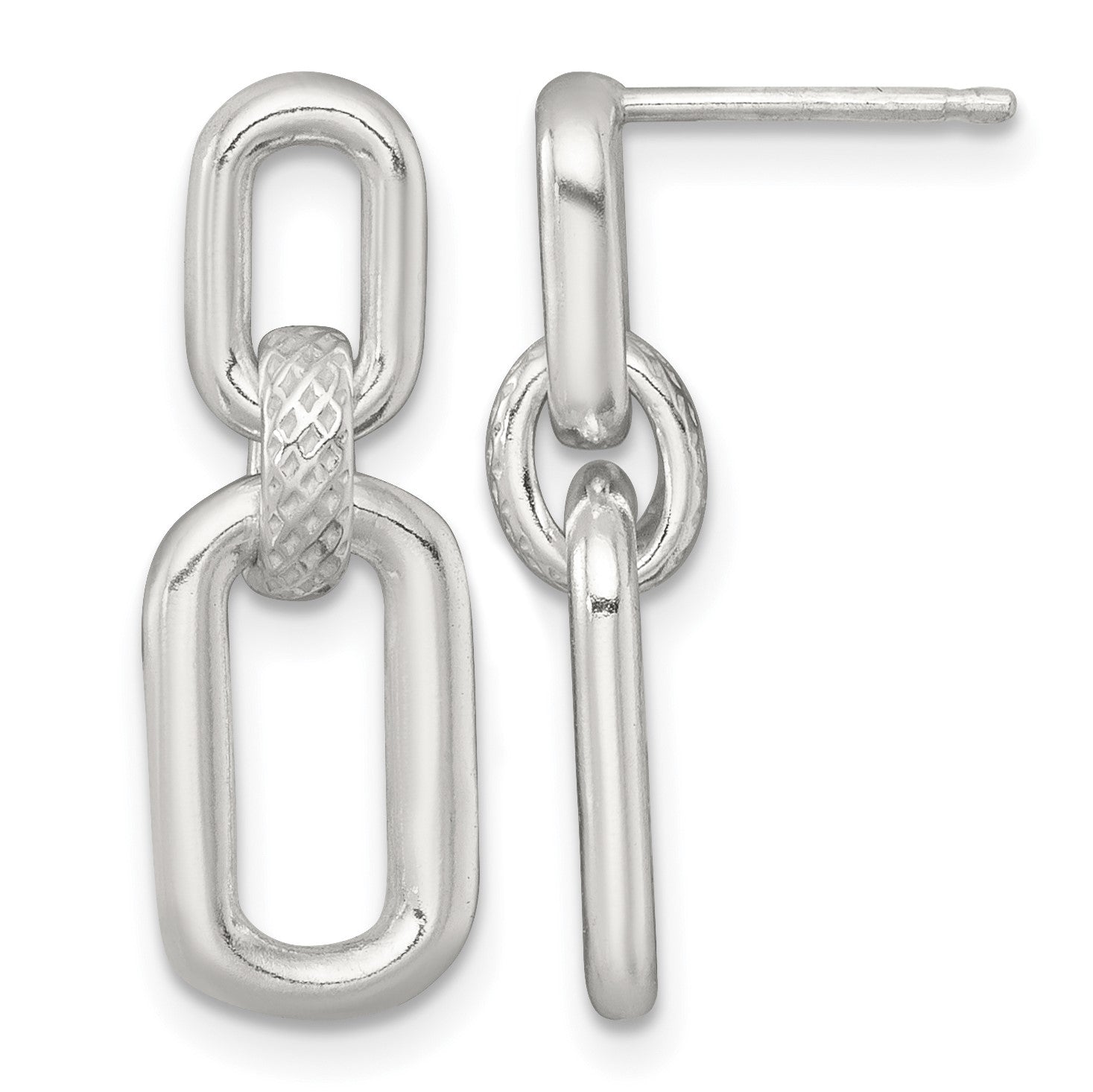 Sterling Silver Polished and Textured Fancy Rectangular Link Dangle Post Earrings
