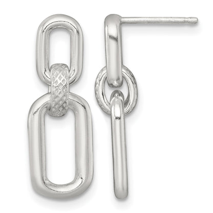 Sterling Silver Polished and Textured Fancy Rectangular Link Dangle Post Earrings