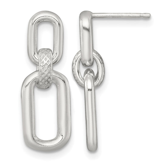 Sterling Silver Polished and Textured Fancy Rectangular Link Dangle Post Earrings