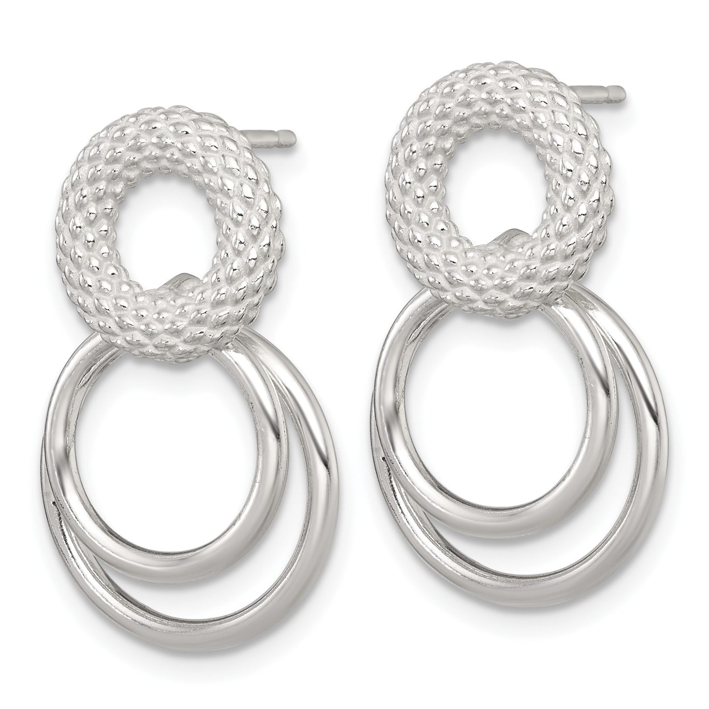 Sterling Silver Polished and Textured Double Circle Dangle Post Earrings