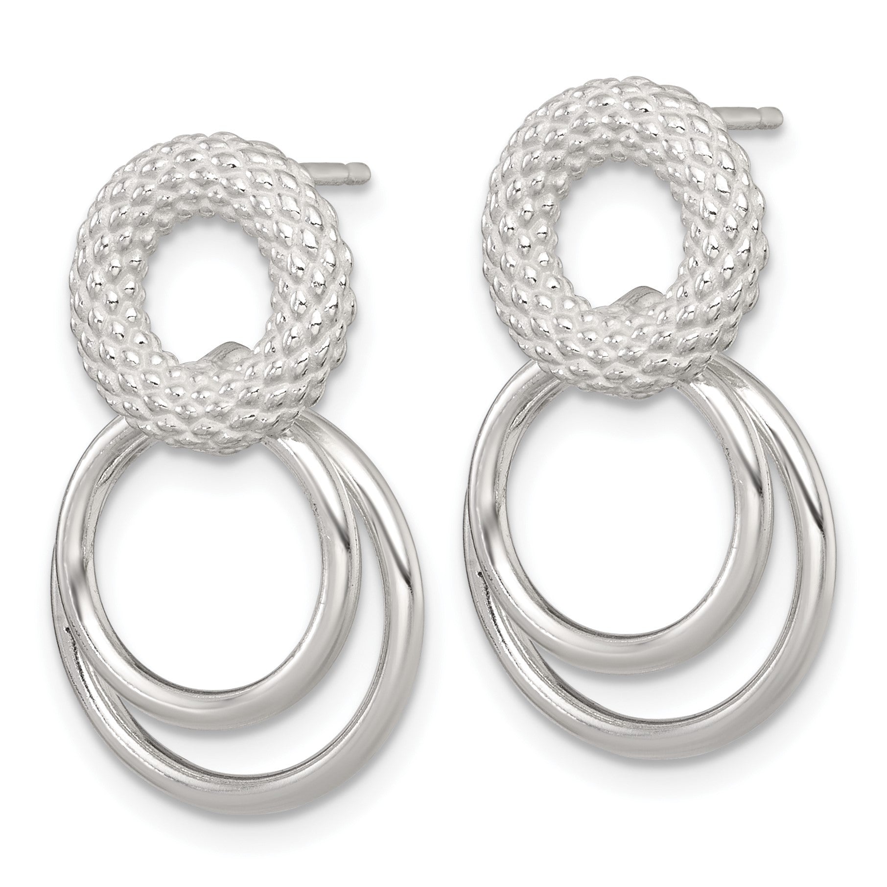 Sterling Silver Polished and Textured Double Circle Dangle Post Earrings