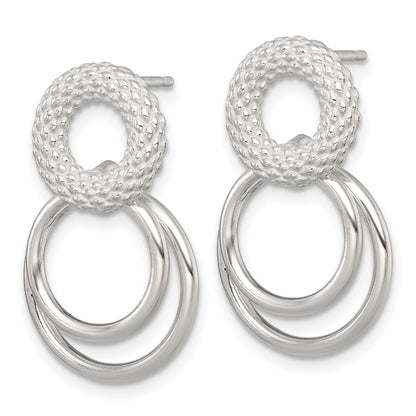 Sterling Silver Polished and Textured Double Circle Dangle Post Earrings