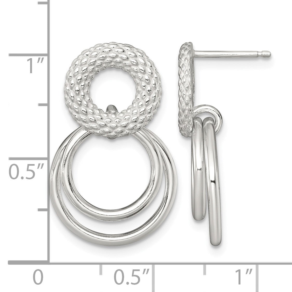 Sterling Silver Polished and Textured Double Circle Dangle Post Earrings