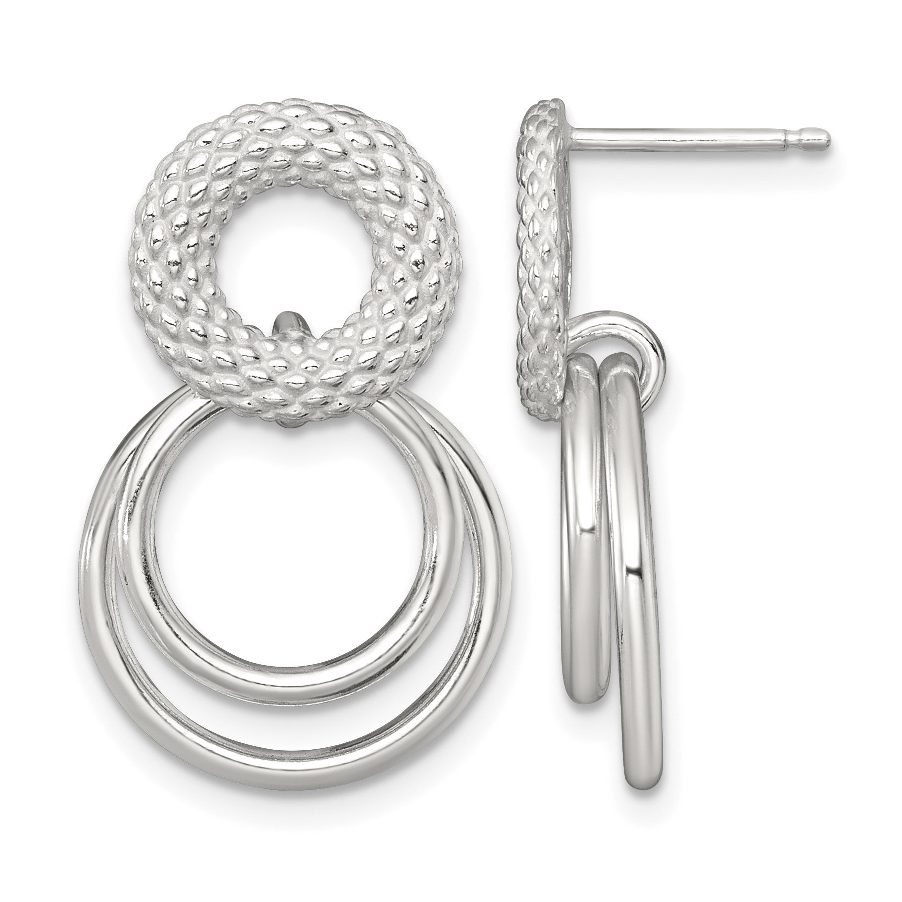 Sterling Silver Polished and Textured Double Circle Dangle Post Earrings