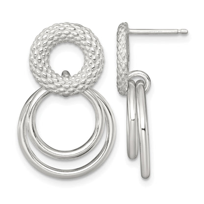 Sterling Silver Polished and Textured Double Circle Dangle Post Earrings