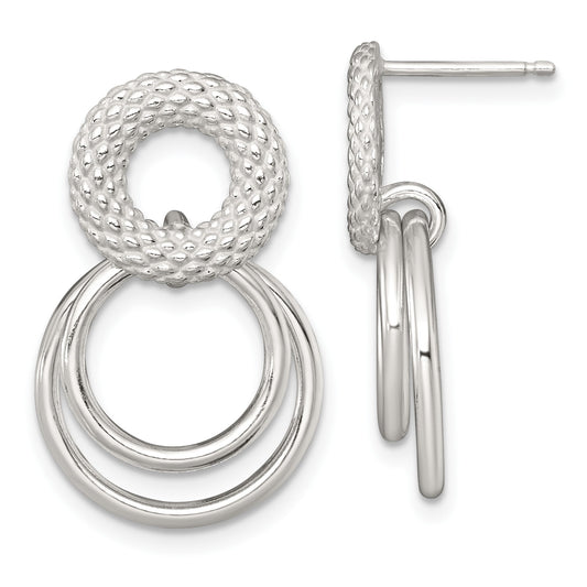 Sterling Silver Polished and Textured Double Circle Dangle Post Earrings