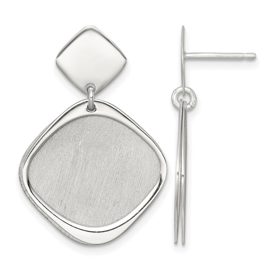 Sterling Silver Polished and Brushed Square Dangle Post Earrings