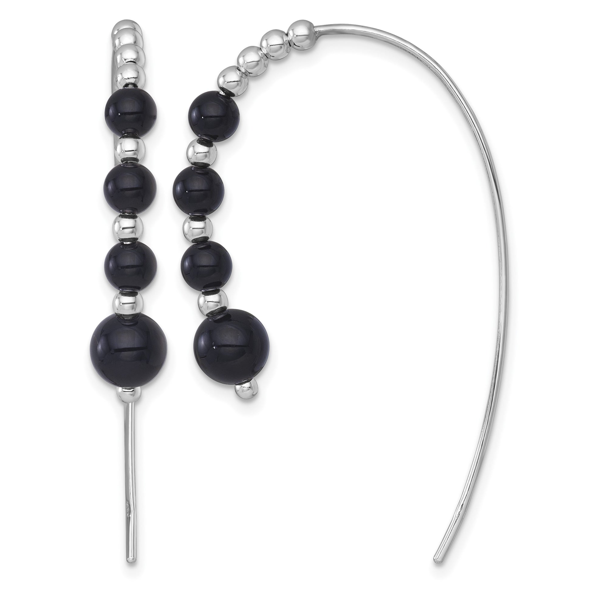 Sterling Silver Rhodium-plated Polished Graduated Onyx Beaded Threader Earrings