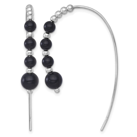 Sterling Silver Rhodium-plated Polished Graduated Onyx Beaded Threader Earrings