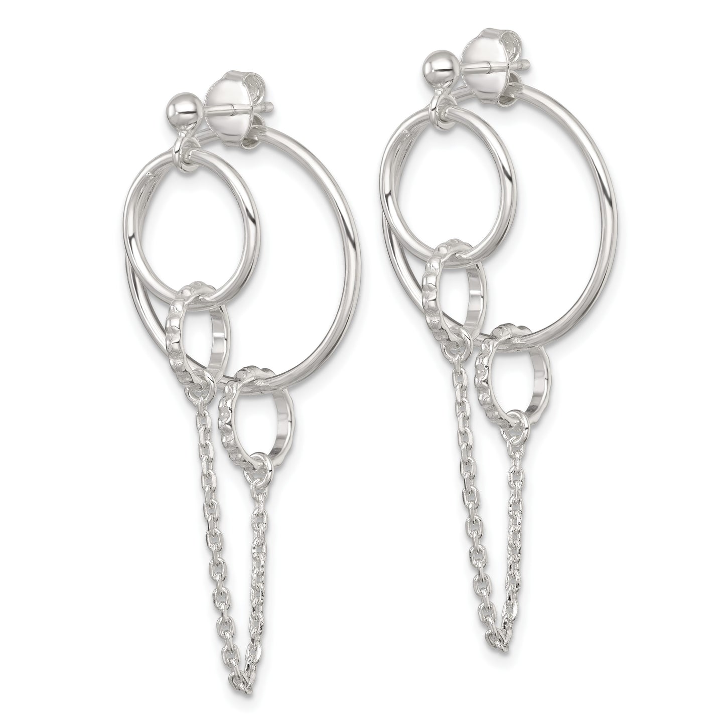 Sterling Silver Polished and Textured Multi Circle and Chain Dangle Post Earrings